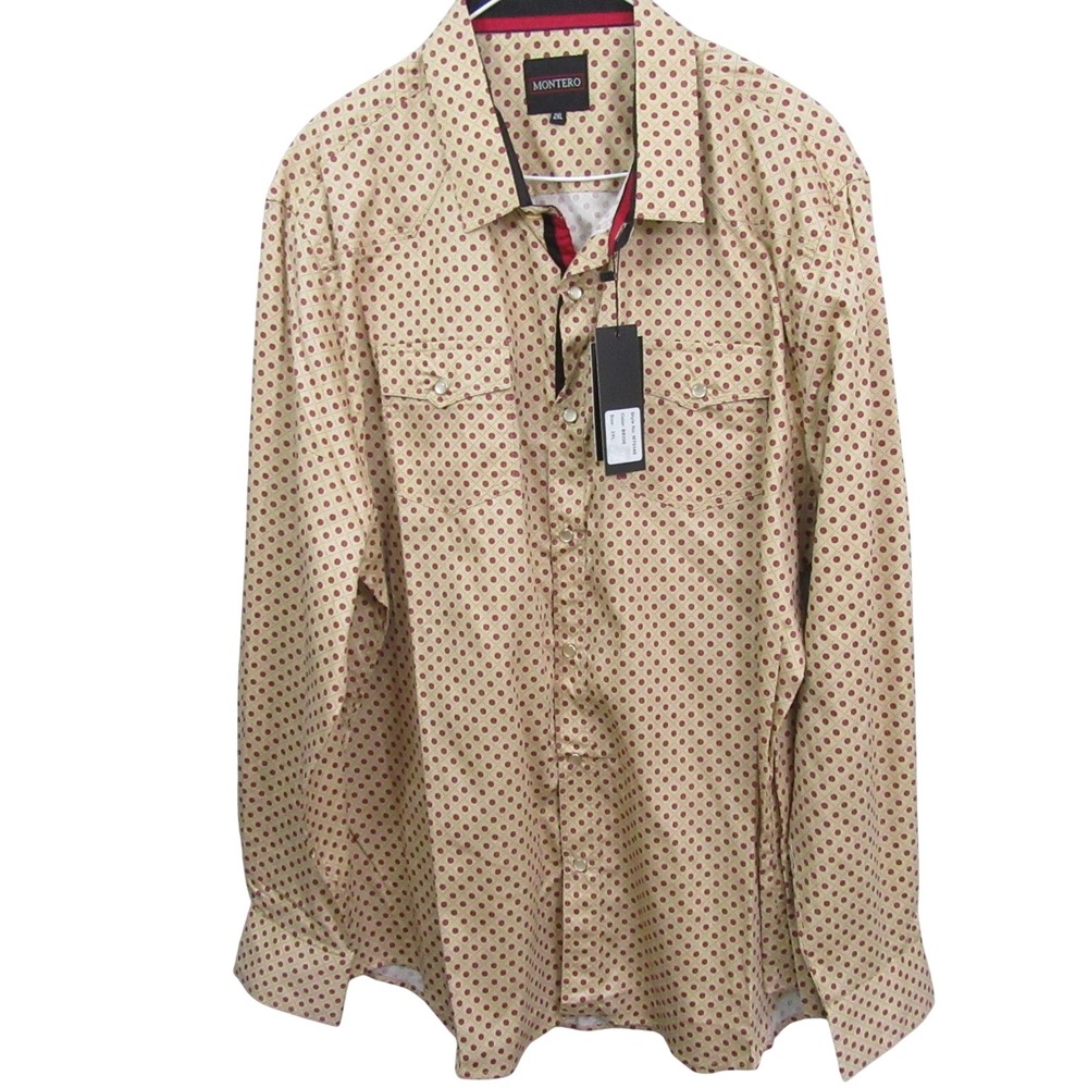 NWT Montero Mens Western Pearl Snap Shirt 2XL Yellow Red‎ Polka Dot Vaquero